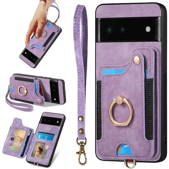 for Pixel 6 Case,Card Holder Wallet for Google Pixel 6 Case,Ring Stand,RFID-Blocking,Wrist Strap, Clasp,Camera Protector,Leather Protective Flip Cover for Pixel 6 (Purple)