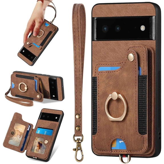 for Pixel 6 Case,Card Holder Wallet for Google Pixel 6 Case,Ring Stand,RFID-Blocking,Wrist Strap,Magnetic Clasp,Camera Protector,Leather Protective Flip Cover for Pixel 6 (Brown)