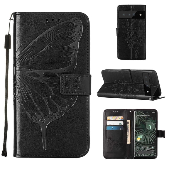 Pixel 6 Pro Wallet Case,Embossed Butterfly PU Leather Credit Card Holder Slots Full Body Protection Kickstand Flip Folio Shockproof TPU Phone Cover For Google Pixel 6 Pro,Black