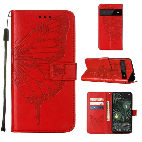 Pixel 6 Pro Wallet Case,Embossed Butterfly PU Leather Credit Card Holder Slots Full Body Protection Kickstand Flip Folio Shockproof TPU Phone Cover For Google Pixel 6 Pro,Red