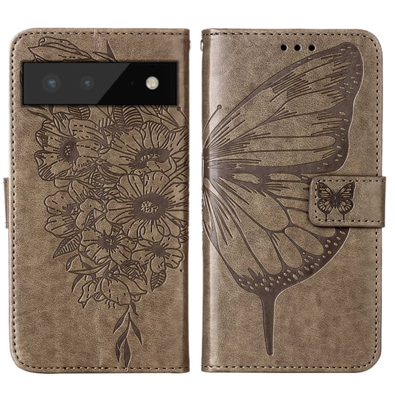 Pixel 6 Wallet Case,Embossed Butterfly PU Leather Credit Card Holder Slots Full Body Protection Kickstand Flip Folio Shockproof TPU Phone Cover For Google Pixel 6,Gray