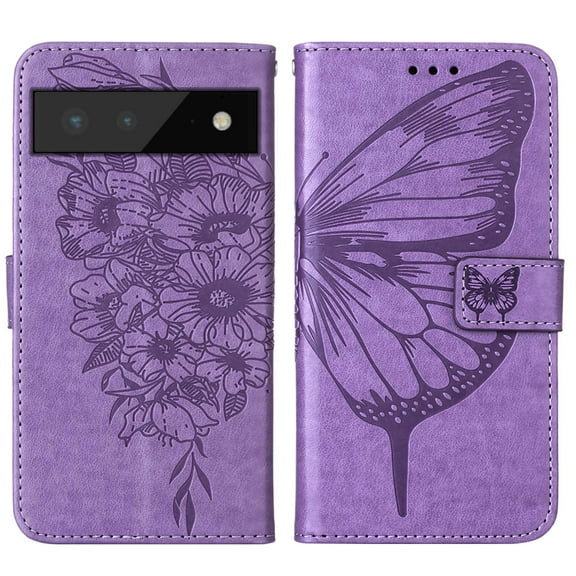 Pixel 6 Wallet Case,Embossed Butterfly PU Leather Credit Card Holder Slots Full Body Protection Kickstand Flip Folio Shockproof TPU Phone Cover For Google Pixel 6,Lightpurple