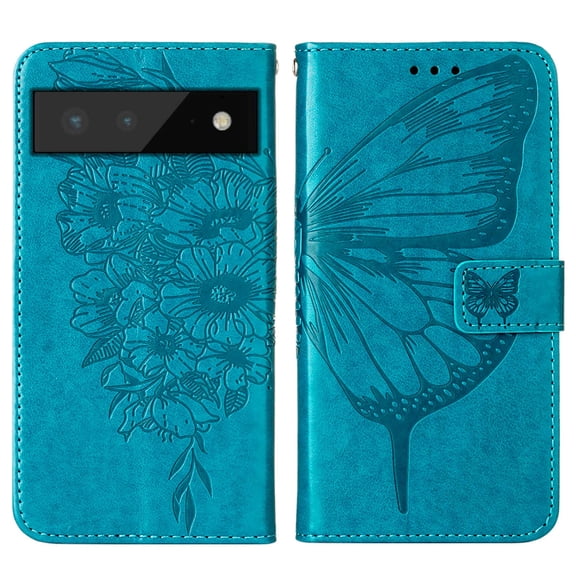 Pixel 6 Wallet Case,Embossed Butterfly PU Leather Credit Card Holder Slots Full Body Protection Kickstand Flip Folio Shockproof TPU Phone Cover For Google Pixel 6,Blue