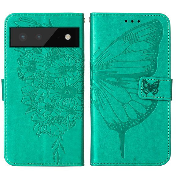 Pixel 6 Wallet Case,Embossed Butterfly PU Leather Credit Card Holder Slots Full Body Protection Kickstand Flip Folio Shockproof TPU Phone Cover For Google Pixel 6,Green