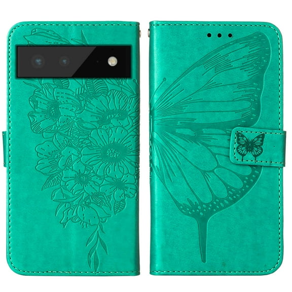 Pixel 6 Wallet Case,Embossed Butterfly PU Leather Credit Card Holder Slots Full Body Protection Kickstand Flip Folio Shockproof TPU Phone Cover For Google Pixel 6,Green