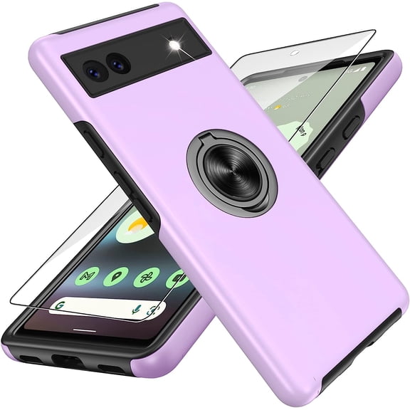 Pixel 6A Case, Google Pixel 6A Case with HD Screen Protector, Shockproof Google Pixel 6A Phone Case with 360° Magnetic Ring Holder Kickstand Phone Case for Google Pixel 6A Purple