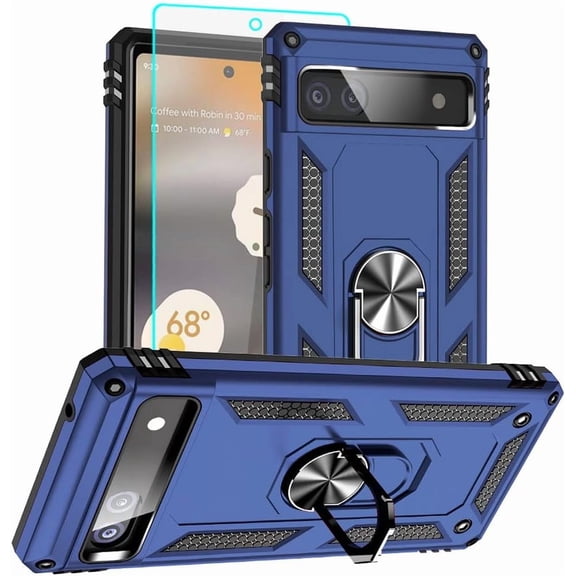 for Pixel 6a Case, Google Pixel 6A Phone Case with HD Screen Protector, [Military Grade 16ft. Drop Tested] Ring Shockproof Protective Phone Case for Google Pixel 6a,Blue