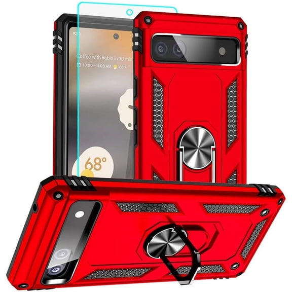 for Pixel 6a Case, Google Pixel 6A Phone Case with HD Screen Protector, [Military Grade 16ft. Drop Tested] Ring Shockproof Protective Phone Case for Google Pixel 6a,Red