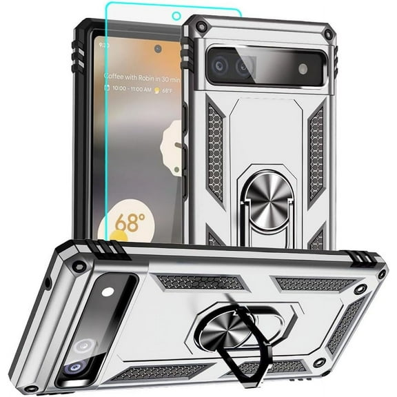 for Pixel 6a Case, Google Pixel 6A Phone Case with HD Screen Protector, [Military Grade 16ft. Drop Tested] Ring Shockproof Protective Phone Case for Google Pixel 6a,Sliver