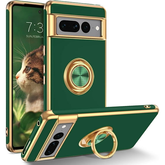 Pixel 7 Pro Case, Google Pixel 7 Pro Case with 360° Ring Holder Kickstand Magnetic Car Mount Support Shockproof Anti-Slip Protective Electroplated Case for Google Pixel 7 Pro 6.7'', Green.