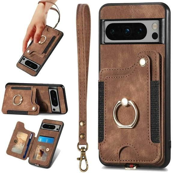 for Pixel 8 Pro Case,Card Holder Wallet for Google Pixel 8 Pro Case,Ring Stand,RFID-Blocking,Wrist Strap,Camera Protector,Leather Protective Magnetic Flip Cover (Brown, 8 Pro 6.7 Inches)
