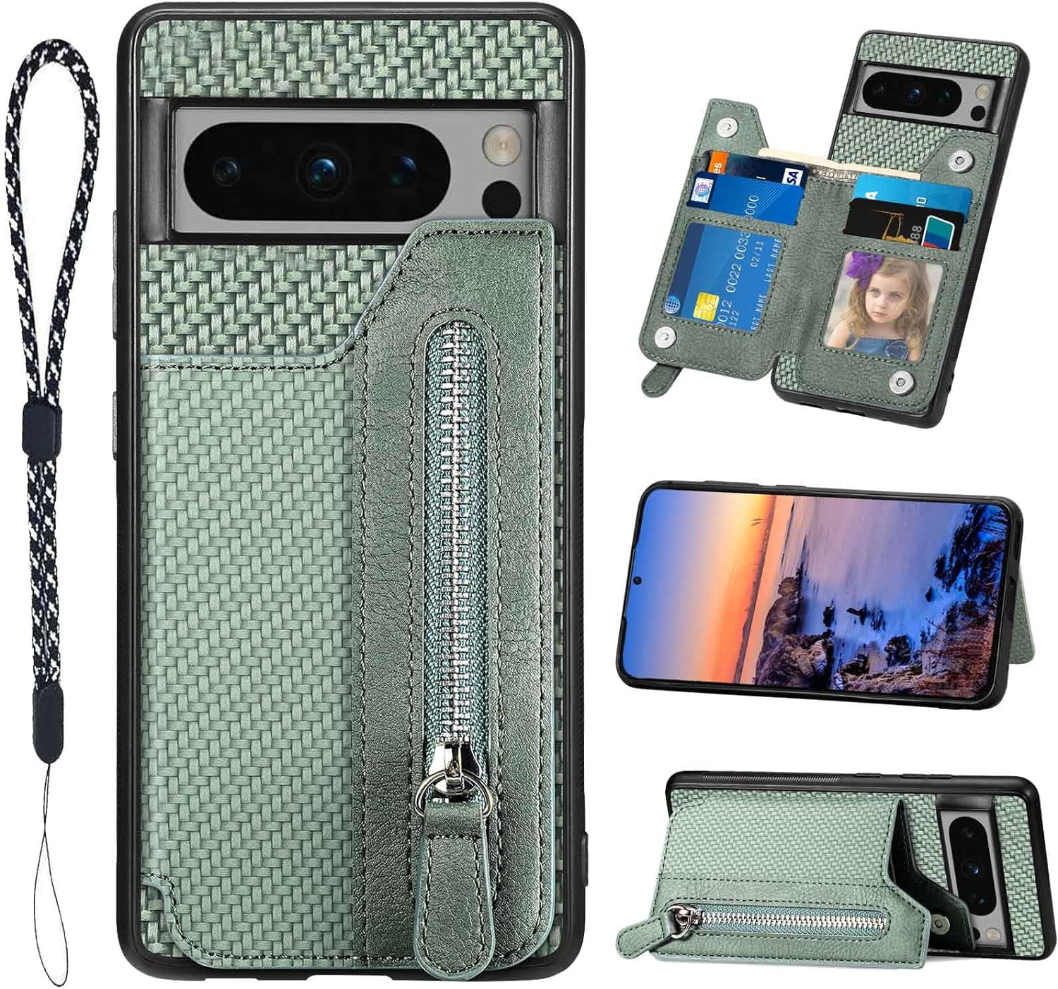 for Pixel 8 Pro Case Card Holder,Wallet Zipper,Camera Protector,Double
