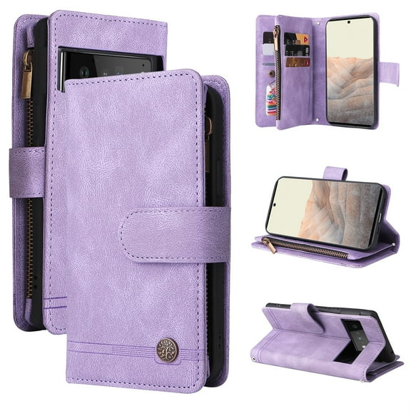 Pixel 8 Pro Wallet Case, Allytech PU Leather Cards Holder Back Cover Stand Magnetic Closure Folio Flip Shoulder Lanyard Hand Wrist Wallet Case Cover for Google Pixel 8 Pro - Purple