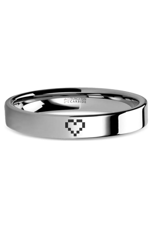 Pixel 8-bit Heart Retro Video Game Engraved Tungsten Wedding Band, 4mm, Size 3.5