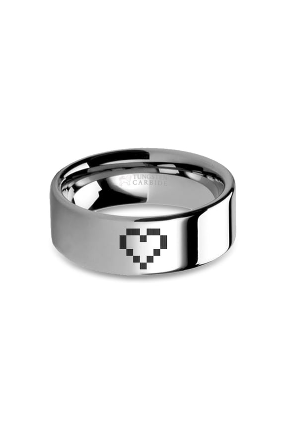 Pixel 8-bit Heart Retro Video Game Engraved Tungsten Wedding Band, 8mm, Size 5.5