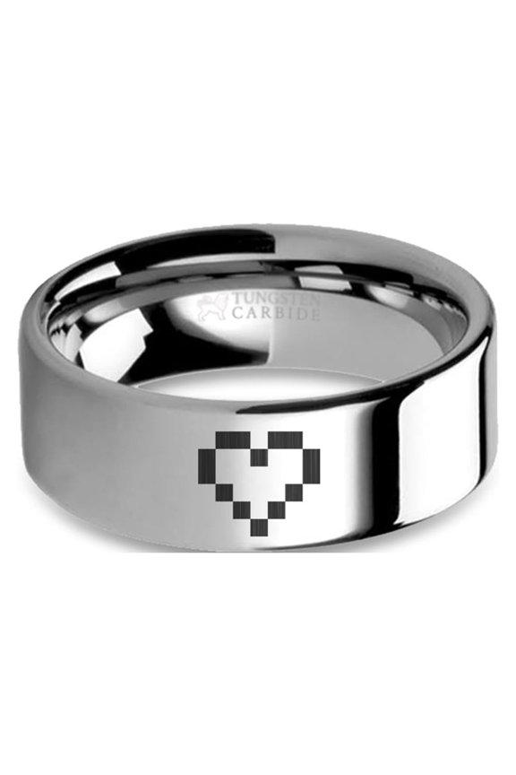 Pixel 8-bit Heart Retro Video Game Engraved Tungsten Wedding Band, 8mm, Size 5