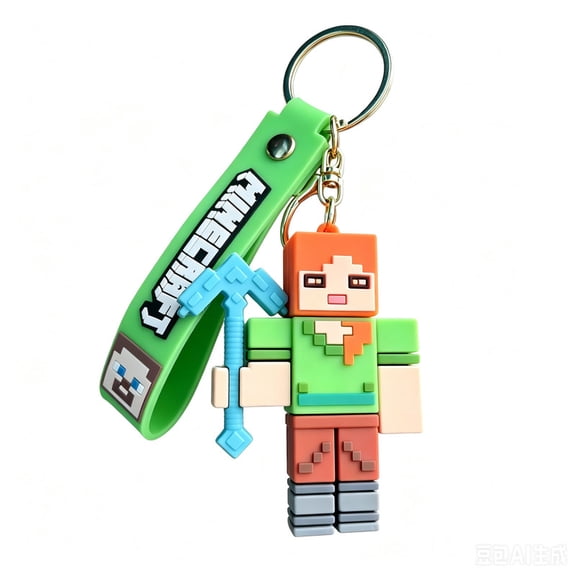 Pixel Alex Keychain with Diamond Pickaxe - 3D Sandbox Survival Character Charm for Backpacks & Keys - Green Outfit Female Gamer Accessory for Teens & Adults