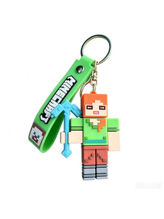 Pixel Alex Keychain with Diamond Pickaxe - 3D Sandbox Survival Character Charm for Backpacks & Keys - Green Outfit Female Gamer Accessory for Teens & Adults