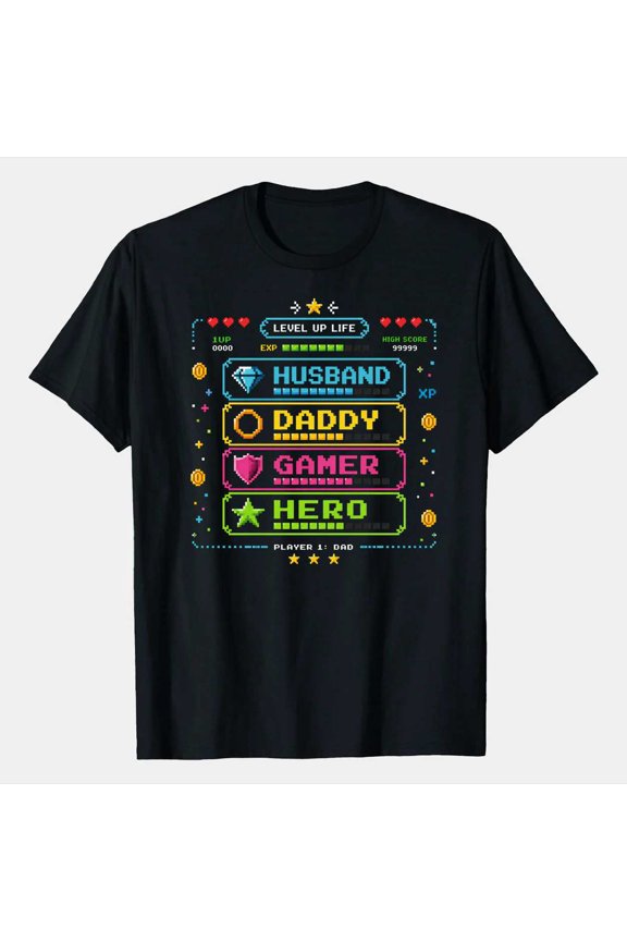 Pixel Arcade Gamer Dad T-Shirt Funny Husband Father Retro Gaming Graphic Tee Family Gift
