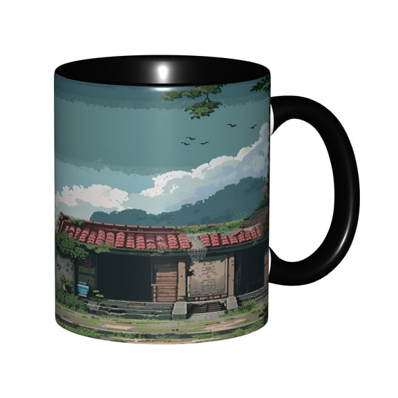 Pixel Art Ancient Chinese House Landscape Mug 11oz - Mountain Cloud Retro Game Scenery Design, Microwave & Dishwasher Safe, Unique Gift for Pixel Art & History Fans