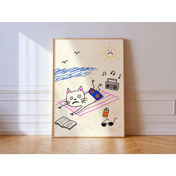 Pixel Art Beach Cat Poster, Summer Boombox Wall Art , Poster Print Only