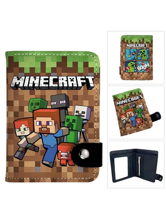 Pixel Art Bifold Wallet for Gaming Fans, Sandbox Game Theme Print with ID Window, Zipper Coin Pocket, Multiple Card Slots, Snap Closure, Durable Daily Use Wallet, 14+