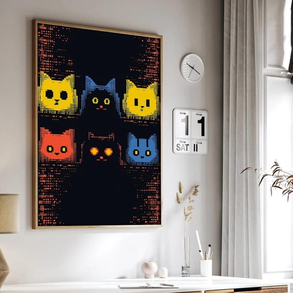 Pixel Art Cat Poster Retro Pop Art, Geeky Gamer Decor Unframed Paper Print