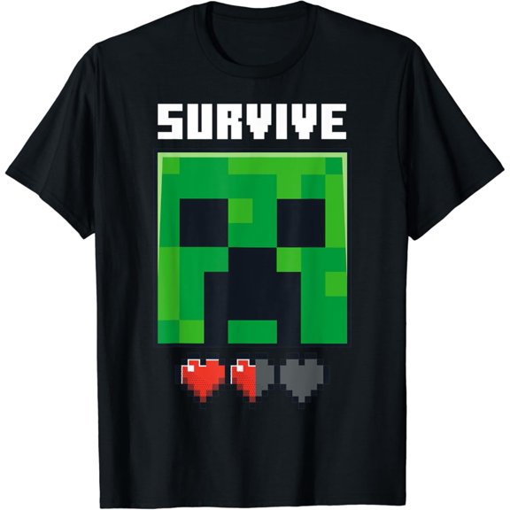 Pixel Art Creeper Survive Big Face Hearts Poster T-Shirt Vintage Tee -Birthday Gifts
