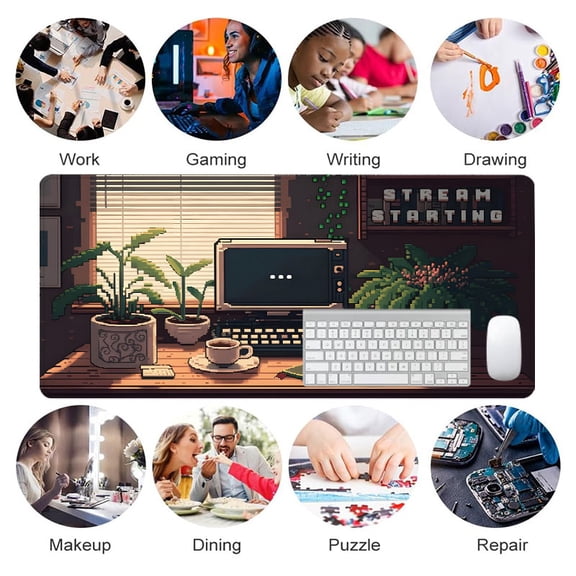 Pixel Art Desk Scene Mouse Pad 31.5 x 11.82 Inches Rubber Mousepad for Office, Gaming, Streaming Setup