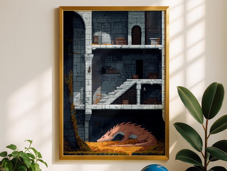 Pixel Art Dragon Dungeon Retro Fantasy Game Poster Wall Art Decor ...
