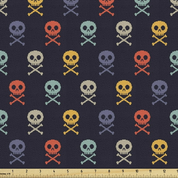 Ambesonne Pixel Art Fabric by the Yard Upholstery, Skulls with Bones, 2 Yards, Multicolor