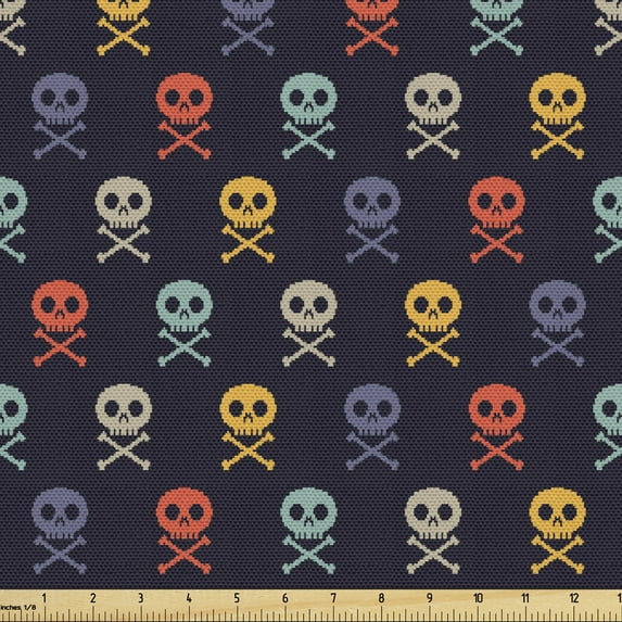 Ambesonne Pixel Art Fabric by the Yard Upholstery, Skulls with Bones, 5 Yards, Multicolor
