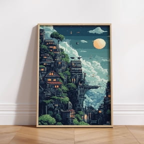 Pixel Art Floating City Poster Retro 8 Bit Wall Art Fantasy Sky City Print Cyberpunk Landscape Poster Gaming Room Wall Decor