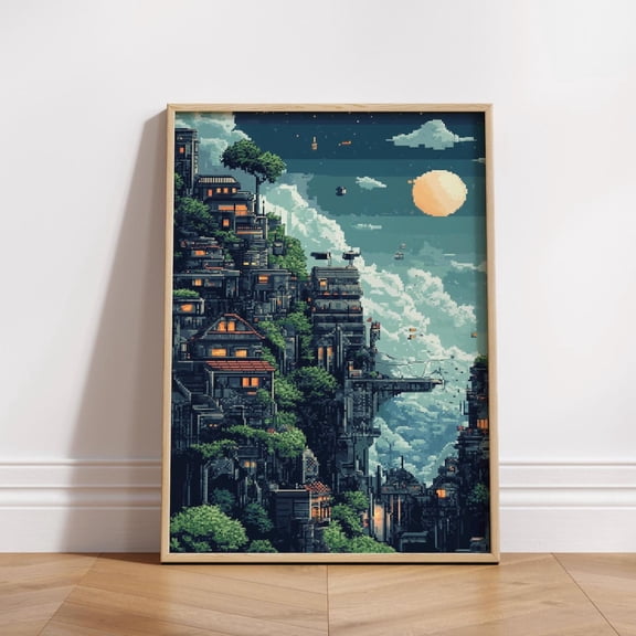 Pixel Art Floating City Poster Retro 8 Bit Wall Art Fantasy Sky City Print Cyberpunk Landscape Poster Gaming Room Wall Decor