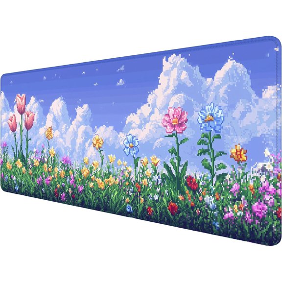 Pixel Art Gaming Mouse Pad Game Scene 2D Landscape Tulips Daisies Large Gaming Mouse Mat with Stitched Edges,Non-Slip Waterproof Rubber Base Mous Mat Office Computer Keyboard Laptop 31.5x11.8 Inch