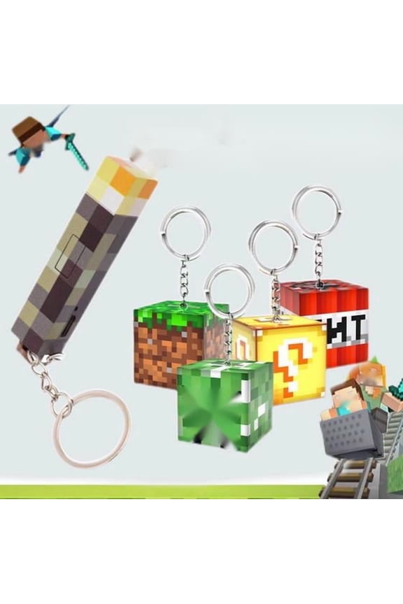Pixel Art Glow Torch Keychain 3in and 4 Block Keyrings Set - Retro Game LED Light & Mini Figures Accessory