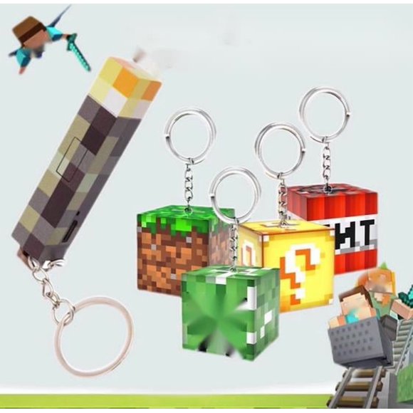 Pixel Art Glow Torch Keychain 3in and 4 Block Keyrings Set - Retro Game LED Light & Mini Figures Accessory