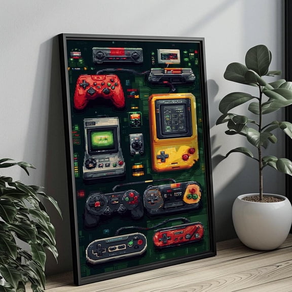 Pixel Art Retro Gaming Console Poster: 80s-90s Gamer Decor Vintage Style , Poster Print Only