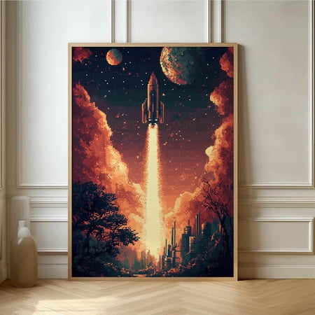 Pixel Art Space Adventure Vintage Rocket Launch Artwork
