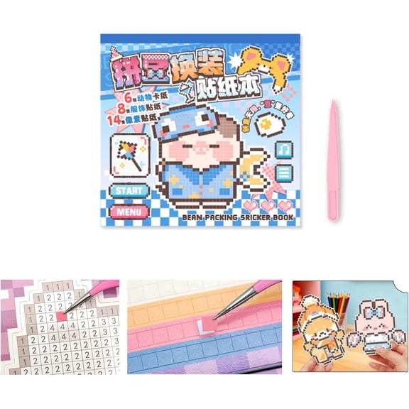 Pixel Art Sticker Book with 14 Drawing Papers and 12 Stickers by Number Used for Children and Adults to Mosaic Collage Sticker WowBlue
