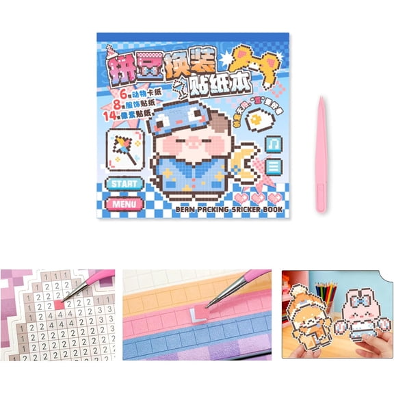 Pixel Art Sticker Book with 14 Drawing Papers and 12 Stickers by Number Used for Children and Adults to Mosaic Collage Sticker WowBlue