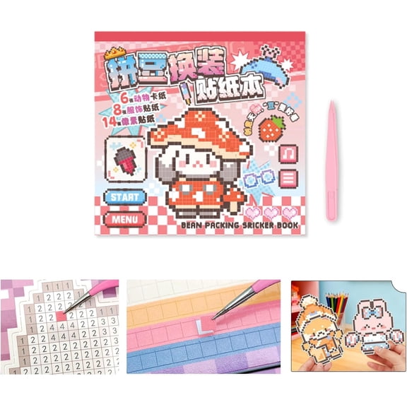 Pixel Art Sticker Book with 14 Drawing Papers and 12 Stickers by Number Used for Children and Adults to Mosaic Collage Sticker WowPink
