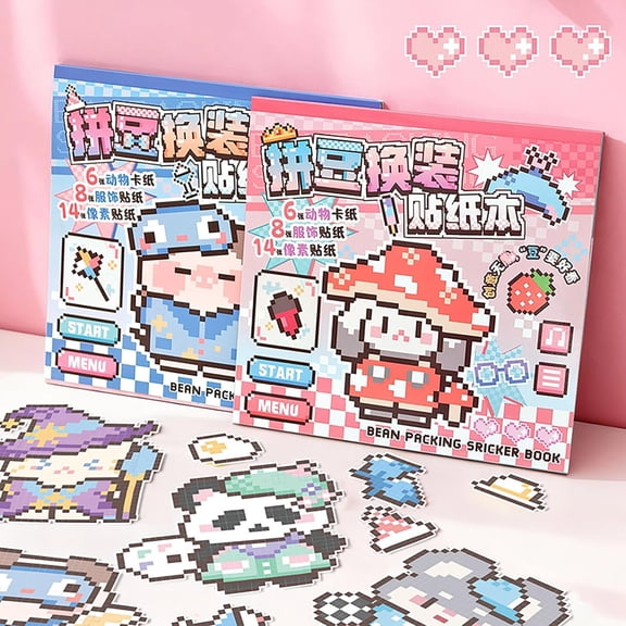 Pixel Art Sticker Book with 28 Drawing Papers and 24 Stickers by Number Used for Children and Adults to Mosaic Collage Sticker WowPink+Blue
