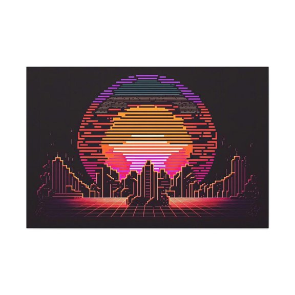Pixel Art Sunset City Wall Art Print, Retro Synthwave Skyline And Gaming Room Decor