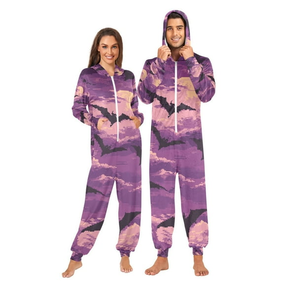Pixel Bats Adult Onesie Pajamas Slim Fit Christmas One Piece Suit Pjs for Women and Men Hooded Zipper