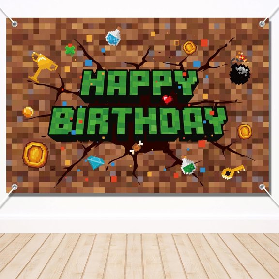 Pixel Birthday Decorations, 5x3 ft Happy Birthday Banner Backdrop for Miner TNT & Pixel Themed Celebration Kids Boys Game Party Supplies