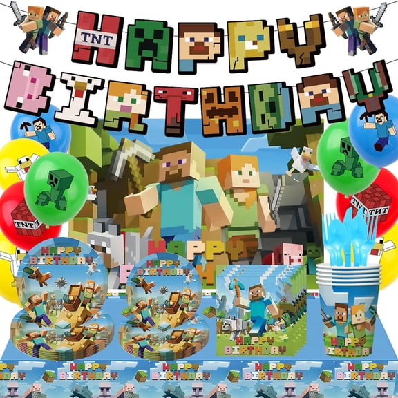 Pixel Birthday Party Decorations, Game Theme Party Supplies Set Including Balloons, Banner, Backdrop, Tablecloth, Cake Topper, Cake Cupcake Toppers, Paper Plates, Paper Cup, Napkins