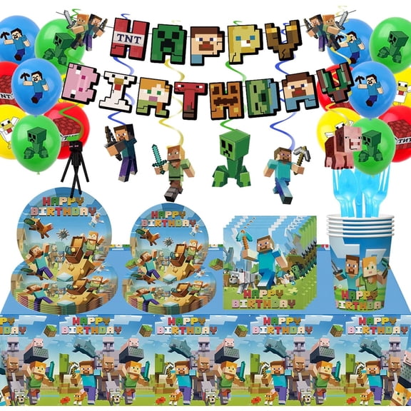 Pixel Birthday Party Decorations, Game Theme Party Supplies Set Including Balloons, Banner, Tablecloth, Hanging Swirls, Cake Topper, Cake Cupcake Toppers, Paper Plates, Paper Cup, Napkins
