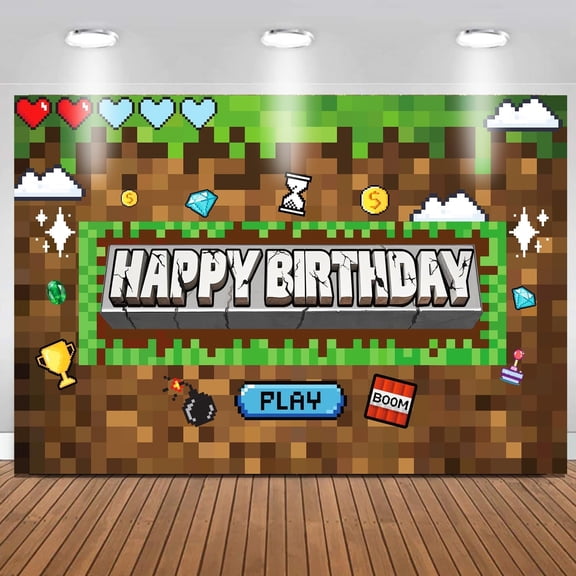 Pixel Birthday Party Decorations Pixel Video Game Banner for Miner Birthday Party Backdrop Photo Background Wall Decor Mining Party Supplies