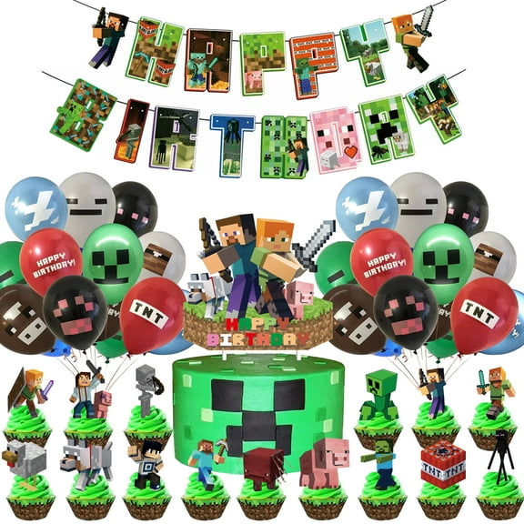 Pixel Birthday Party Decorations, Pixel world party supplie 1 Birthday Banner 18 Balloons, 30Cupcake Toppers 1 Cake Toppers
